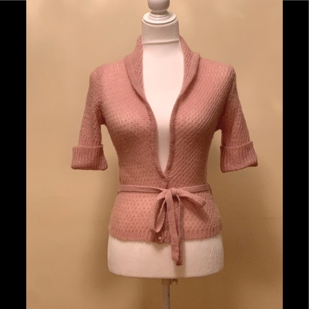 Express light pink low V neck tie sweater